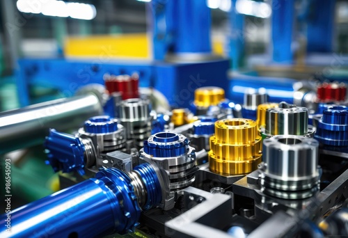 close view colorful components industrial production line showcasing detailed mechanisms vibrant hues, assembly, automation, conveyor, craftsmanship