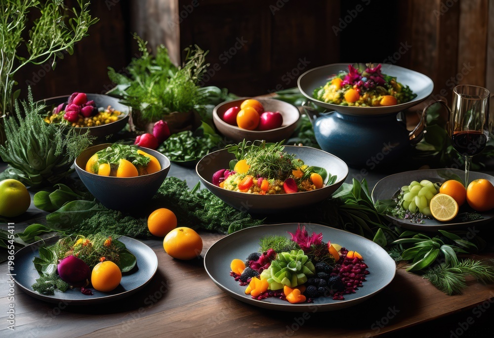 colorful plant based dishes arranged stylish table setups featuring fresh ingredients eye catching presentation, banquet, bowl, cuisine, decor, dining colorful plant based dishes arranged stylish table setups featuring fresh ingredients eye catching presentation, banquet, bowl, cuisine, decor, dining