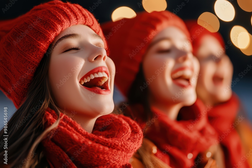 Obraz premium Cheerful women in red hats and scarves joyfully singing together during winter festivities.