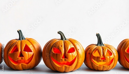 A row of carved pumpkins with different expressions, isolated on a white background, Jack lantern template. Vector illustration, Web banner from pumpkin pattern created with generative ai