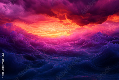 A breathtaking view of vibrant clouds at sunset, showcasing a magical blend of purple, pink, and orange hues over a tranquil sea.