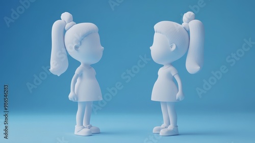 Two cartoon girls in white 3D render showcasing playful design against a blue background, ideal for children's illustrations. photo