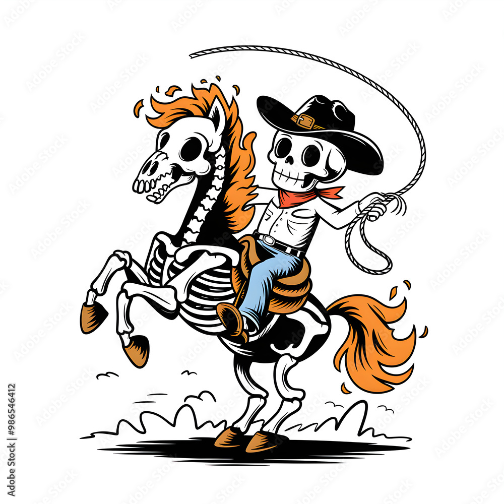 whimsical illustration design of a skeleton man riding a skeleton horse with its hind legs raised whimsical illustration design of a skeleton man riding a skeleton horse with its hind legs raised