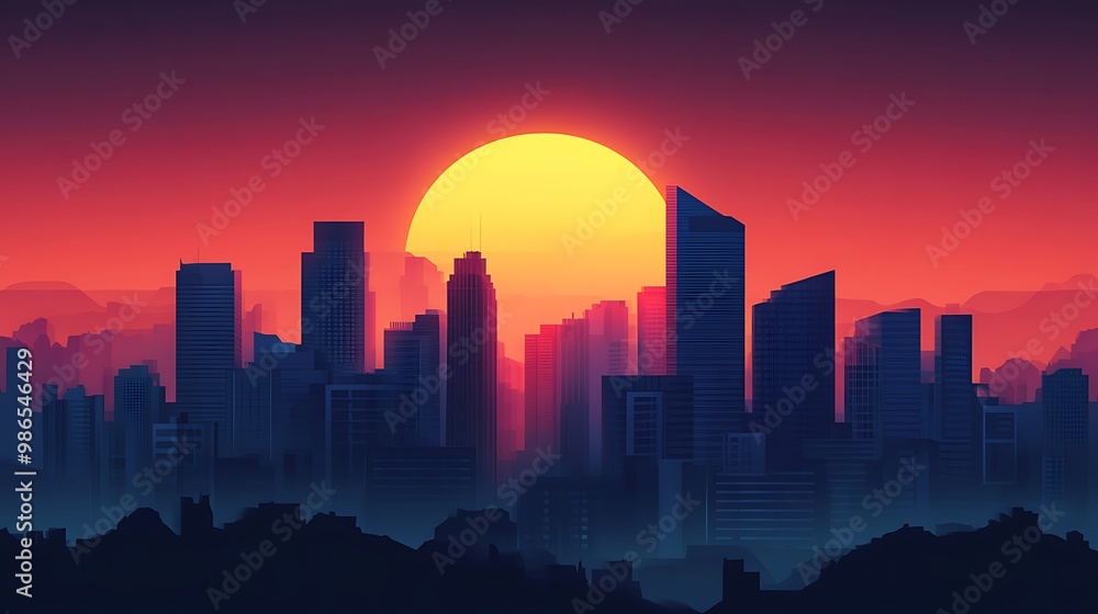Cityscape with a Large Sun Setting Behind the Tall Buildings Cityscape with a Large Sun Setting Behind the Tall Buildings