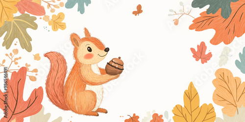 Squirrel with Acorn Amid Autumn Leaves: A charming drawing of a squirrel clutching an acorn with vibrant fall leaves scattered around. 