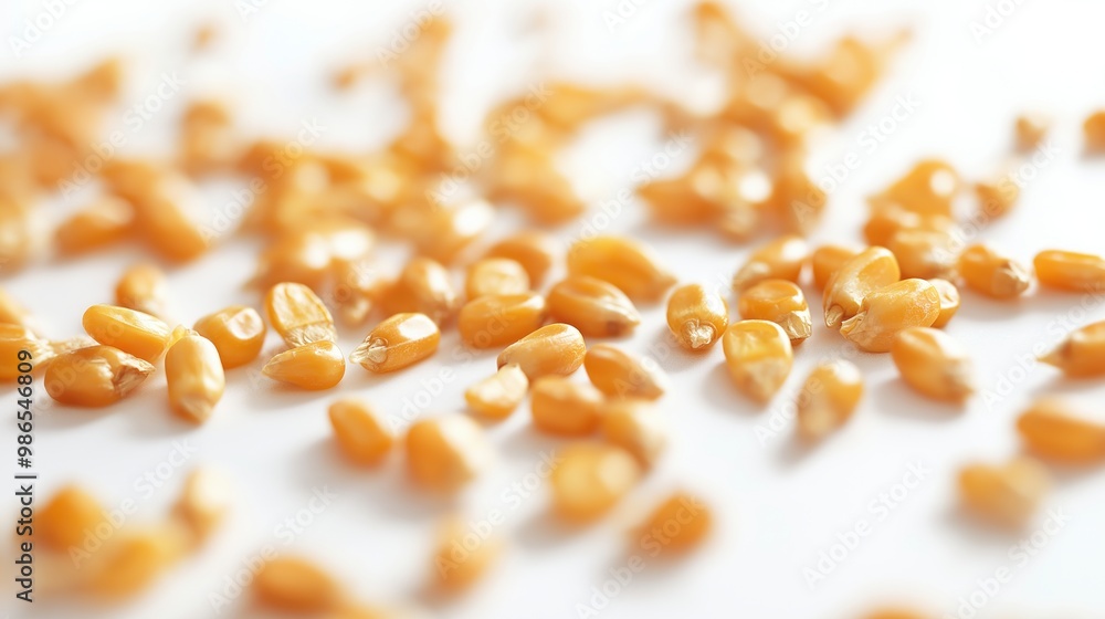 Close-up of yellow corn kernels scattered on a white surface. Close-up of yellow corn kernels scattered on a white surface.
