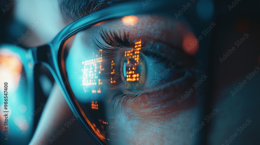 A close-up of an eye wearing glasses, reflecting glowing digital data, symbolizing technology, data analysis, and modern connectivity in a tech-driven world. A close-up of an eye wearing glasses, reflecting glowing digital data, symbolizing technology, data analysis, and modern connectivity in a tech-driven world.
