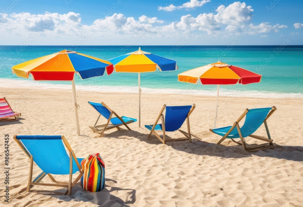 beach equipment arranged soft sand including beach toys perfect day shore, umbrella, chairs, towels, cooler, setup, seaside, ocean, leisure, vacation