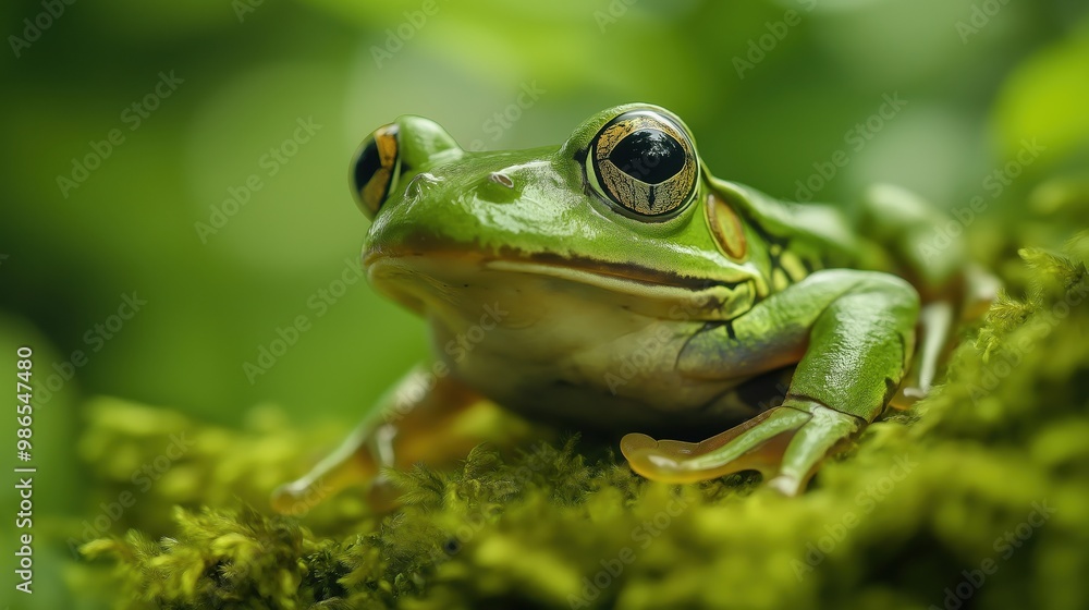 Image of a vibrant green frog resting on a mossy surface, surrounded by lush greenery. Image of a vibrant green frog resting on a mossy surface, surrounded by lush greenery.