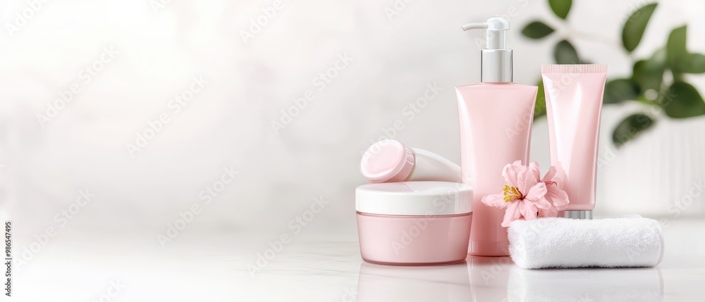Elegant skincare products arranged on a marble surface with soft pink tones and greenery. Elegant skincare products arranged on a marble surface with soft pink tones and greenery.