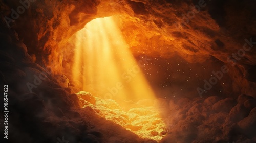 Golden sunbeams illuminate the rugged interior of a cave, creating a warm, ethereal atmosphere.