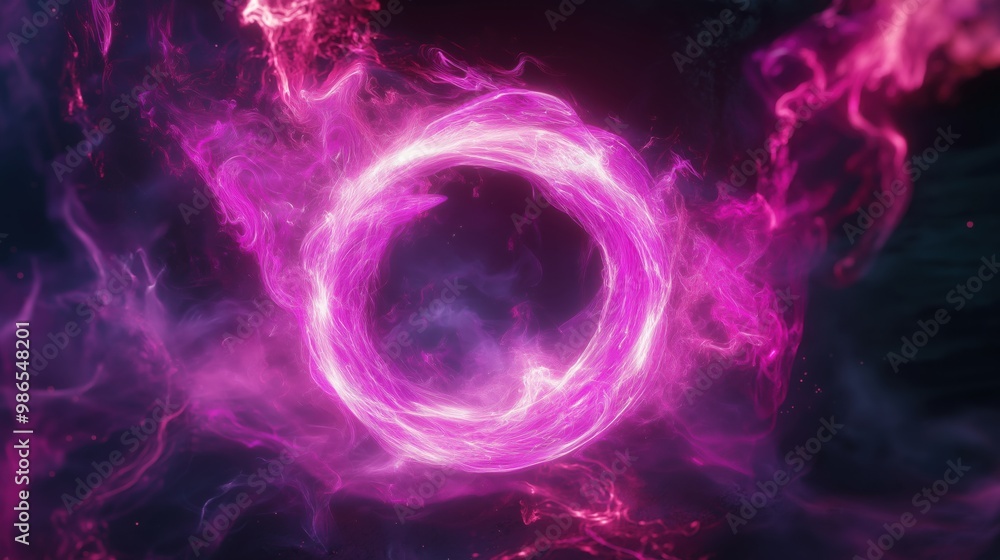 Fototapeta premium A vibrant purple energy ring surrounded by swirling mist, creating a dynamic and mystical visual effect in a dark background..