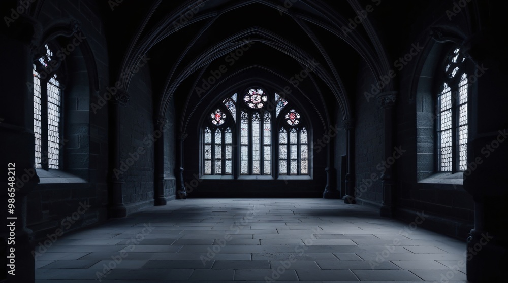 Fototapeta premium A dark, gloomy interior with vaulted ceilings, stone walls, and gothic architectural elements