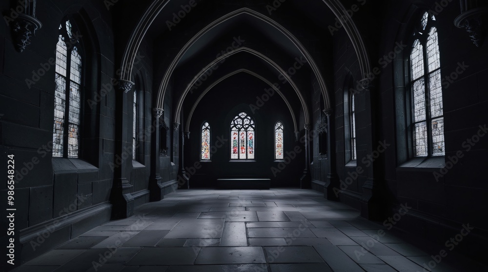 A dark, gloomy interior with vaulted ceilings, stone walls, and gothic architectural elements A dark, gloomy interior with vaulted ceilings, stone walls, and gothic architectural elements