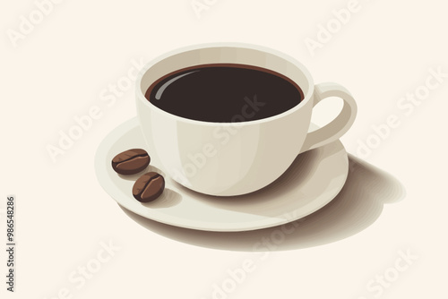 Coffee Break:  A steaming cup of coffee, inviting and aromatic, rests on a saucer with two coffee beans, a simple yet powerful image representing a moment of relaxation and refreshment.  