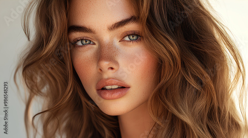 Beautiful Woman with Long Wavy Brown Hair and Freckles