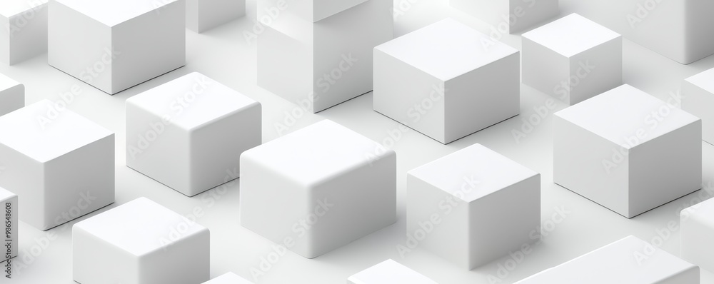A minimalist composition of various white cubes arranged in a modern abstract manner for versatile design use. A minimalist composition of various white cubes arranged in a modern abstract manner for versatile design use.
