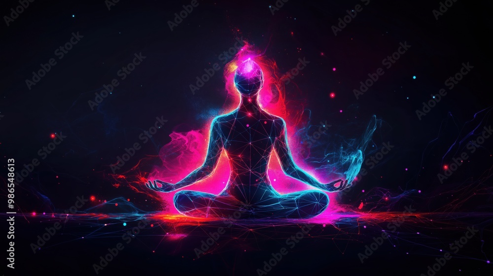A glowing digital wireframe figure in a meditation pose, radiating vibrant colors, symbolizing inner peace, mindfulness, and energy flow. A glowing digital wireframe figure in a meditation pose, radiating vibrant colors, symbolizing inner peace, mindfulness, and energy flow.
