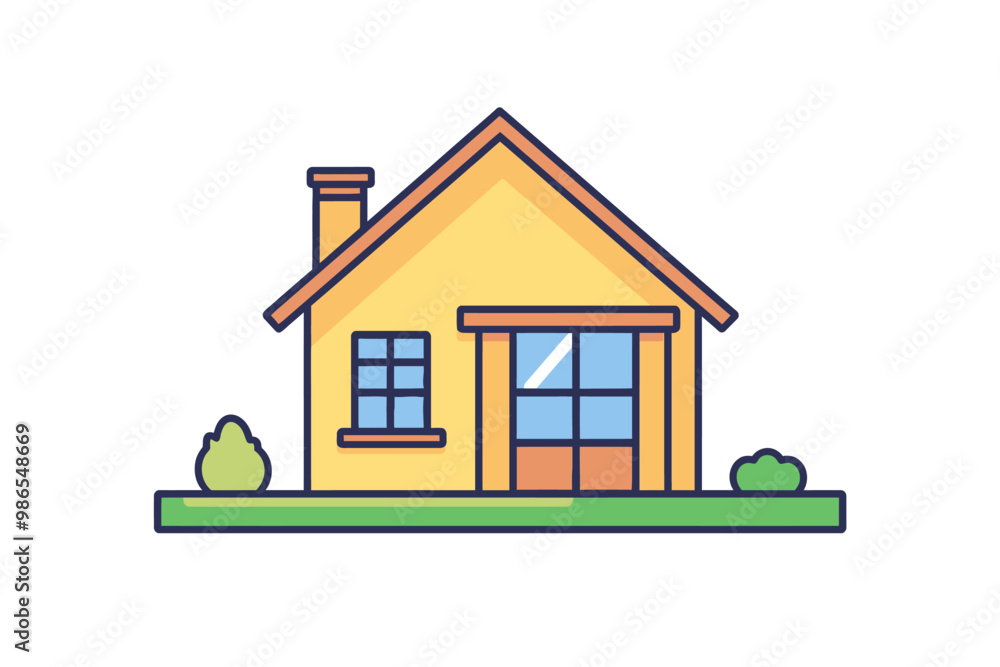 Simple Yellow House Illustration: A charming, cartoon-style yellow house with a chimney, windows, and door, set against a green lawn with bushes. It evokes feelings of warmth, comfort, and home. Simple Yellow House Illustration: A charming, cartoon-style yellow house with a chimney, windows, and door, set against a green lawn with bushes. It evokes feelings of warmth, comfort, and home.