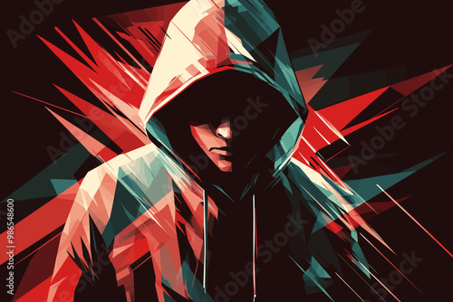 Shadowed Figure in a Red and Green Geometric Storm: A mysterious hooded figure emerges from the shadows, their identity concealed by a shroud of red and green geometric patterns.