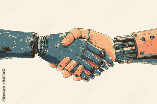 Human-Robot Collaboration: A hand drawn illustration depicting a human and robot shaking hands, symbolizing partnership, progress, and the future of technology.  