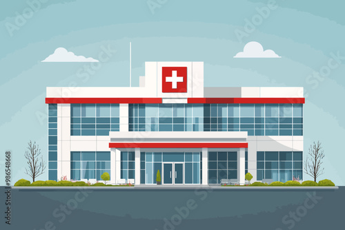 Modern Hospital Building: A clean and inviting modern hospital building with a large red cross sign on the facade, showcasing the commitment to healthcare and patient well-being. 