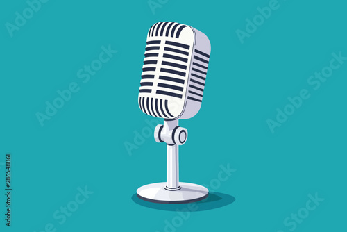 Vintage Microphone on Teal Background: A classic, silver-toned microphone with a retro design stands proudly against a soothing teal backdrop, ready to capture voices and stories.  