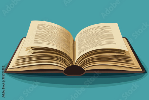 Open Book on Teal Background: An open book with aged pages, resting on a vibrant teal background, is a timeless symbol of knowledge, wisdom, and exploration. The book's open pages.