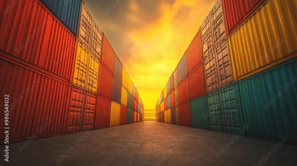 Fototapeta premium A vibrant view of stacked shipping containers in a port, captured at sunset with warm light reflecting off the metal surfaces.