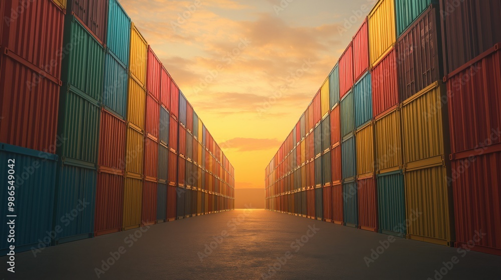 Fototapeta premium A vibrant view of stacked shipping containers in a port, captured at sunset with warm light reflecting off the metal surfaces.