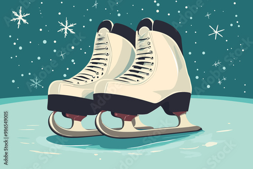 Ice Skating Dreams: A pair of pristine white ice skates gleam under the starry night sky, evoking a sense of winter magic and the promise of graceful gliding on the frozen pond.  
