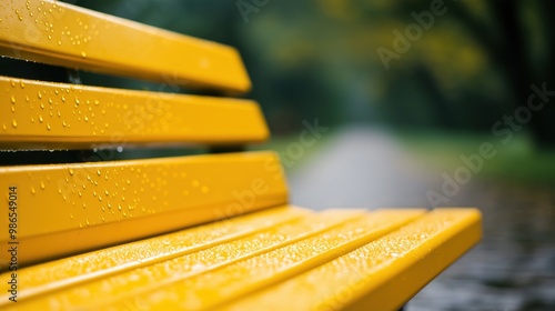 Fototapeta Naklejka Na Ścianę i Meble -  A close-up shot of a yellow park bench with raindrops, capturing the fresh, tranquil ambiance of a rainy day.