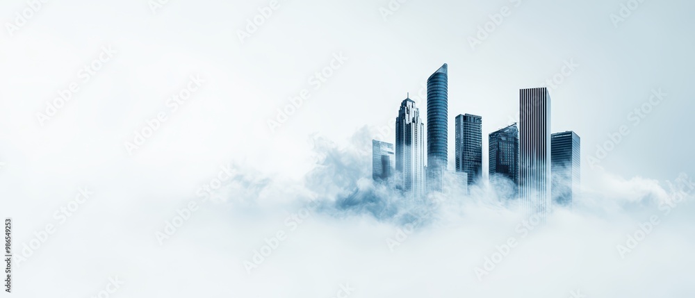 Fototapeta premium Majestic skyline emerging from fog, representing modern urban architecture amidst the clouds.