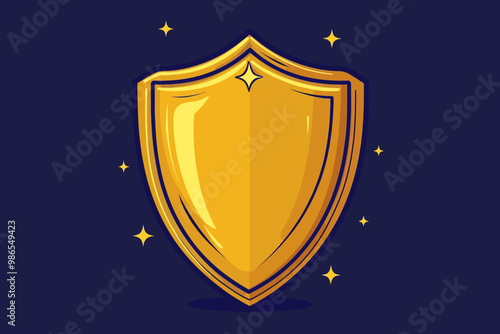 Golden Shield of Protection: A shining golden shield with a smooth, polished surface stands out against a rich blue backdrop, symbolizing strength, resilience, and security.