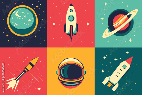 Retro Space Icons: A vibrant and retro-inspired set of space icons, featuring a rocket, planets, an astronaut helmet, and a shooting star.