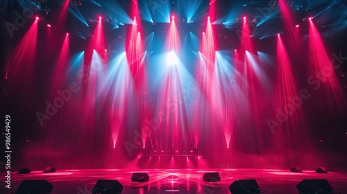 Vibrant stage lights create an ethereal atmosphere with colorful beams cutting through the fog at a live music event. Generative AI