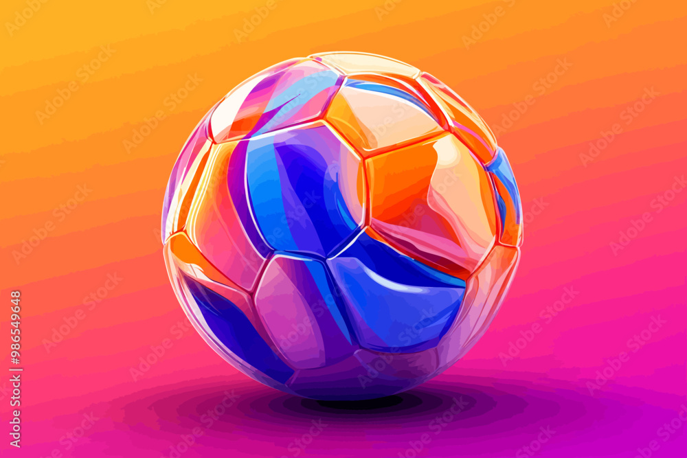 Naklejka premium Abstract Soccer Ball: A vibrant and abstract soccer ball with a colorful, liquid-like design, against a gradient background, evoking a sense of dynamic energy and excitement. 