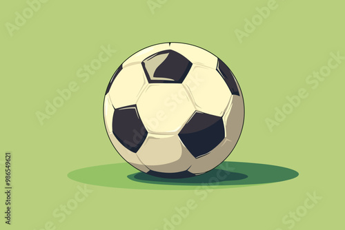 Classic Soccer Ball Illustration: A stylized soccer ball, rendered in a classic cartoon style, sits on a green field. The ball's black and white design and subtle shadowing create a sense of depth and