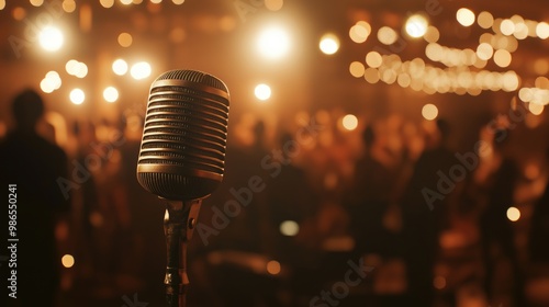 A classic vintage microphone on stage with a blurred audience and warm glowing lights in the background.