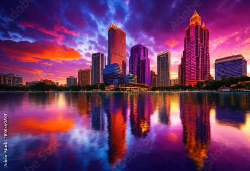 vibrant urban skyline reflection during sunset showcasing colorful hues architectural silhouettes stunning cityscape, architecture, buildings, lights, modern, structure