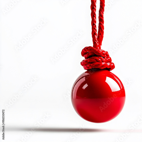 A vibrant red ornament hung by a textured string, showcasing its glossy surface and playful design against a white background.