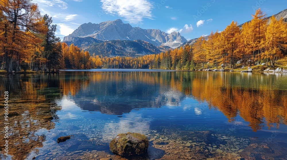 Obraz premium Serene autumn landscape reflects golden trees in a tranquil lake under a clear blue sky. Generative AI