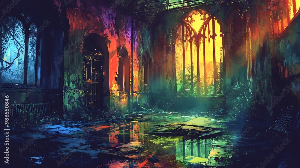 Naklejka premium A Colorful, Water-Filled Interior of a Ruined Cathedral