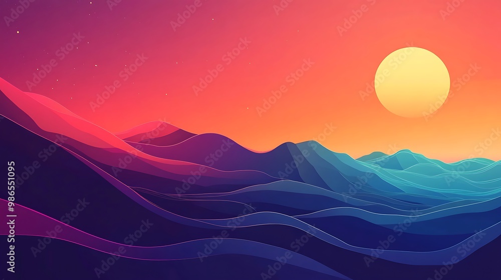 Abstract Landscape with a Large Yellow Sun and Blue and Purple Mountains Abstract Landscape with a Large Yellow Sun and Blue and Purple Mountains