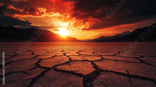 Stunning sunset over cracked dry land, showcasing the beauty of nature's challenging conditions. photo