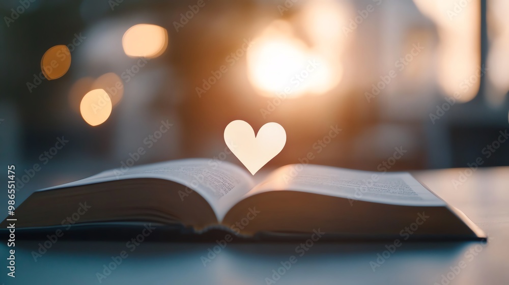 Open book with heart-shaped cutout highlighting a serene sunset background. Represents love for reading and knowledge. Open book with heart-shaped cutout highlighting a serene sunset background. Represents love for reading and knowledge.