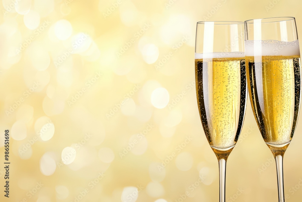 Two sparkling champagne glasses on a gold bokeh background, celebrating special moments. Two sparkling champagne glasses on a gold bokeh background, celebrating special moments.