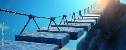 A stunning view of a suspended rope bridge leading across a rocky landscape, symbolizing adventure and exploration. photo