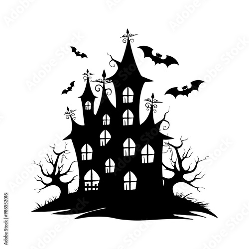 A black and white drawing of a haunted Halloween house with bats flying around it. Vector silhouette