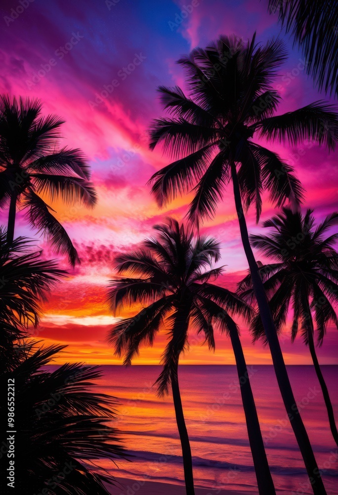 vibrant seaside sunset bold palm silhouettes creating striking contrast colorful sky, beach, colors, nature, tropical, horizon, twilight, evening, light vibrant seaside sunset bold palm silhouettes creating striking contrast colorful sky, beach, colors, nature, tropical, horizon, twilight, evening, light